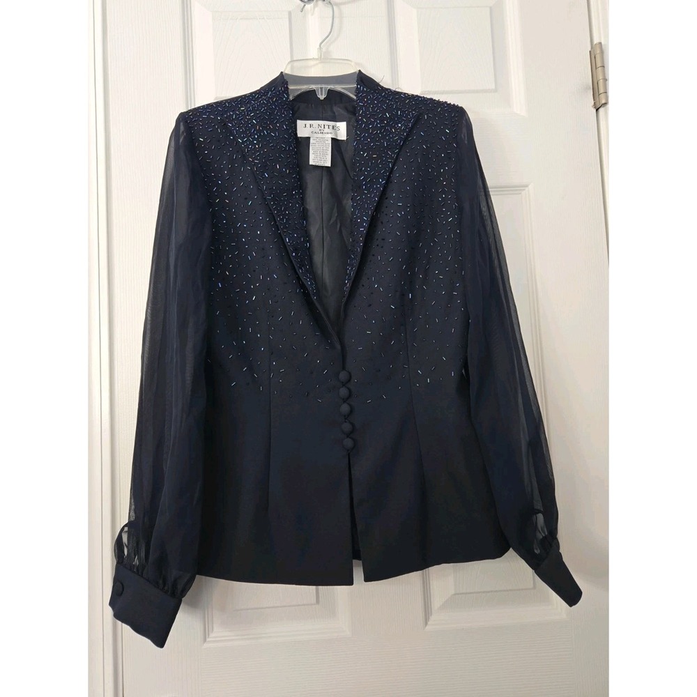 J.R  Nites By Caliendo Womans Navy Blazer Size 6 Beaded Design Front